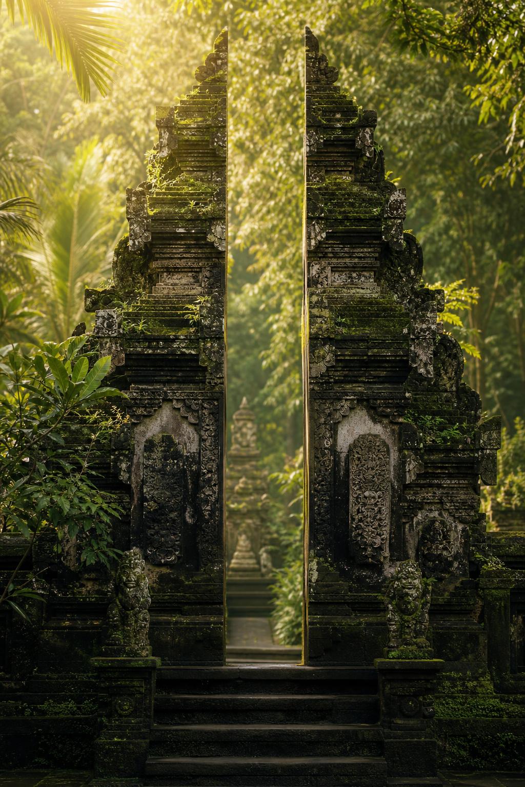 Ancient Balinese stone temple gate covered in emerald moss, surrounded by lush tropical jungle